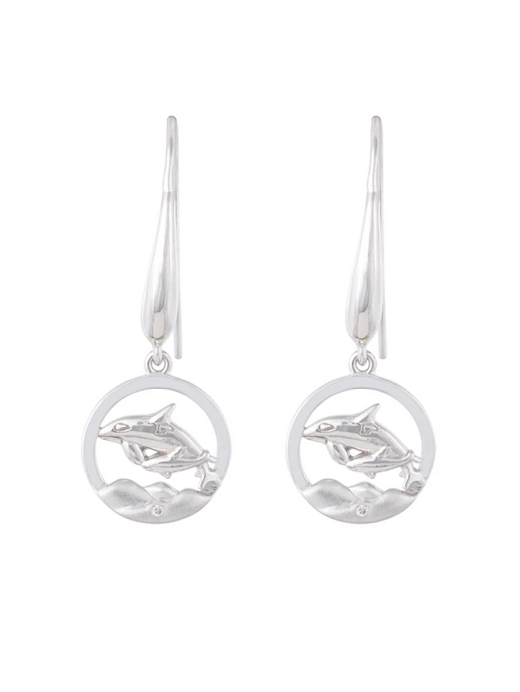 925 Sterling Silver 0.01cttw Canadian Diamond Mother Orca and Calf Dangle Earrings