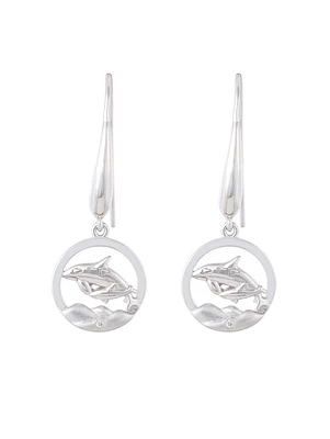 925 Sterling Silver 0.01cttw Canadian Diamond Mother Orca and Calf Dangle Earrings