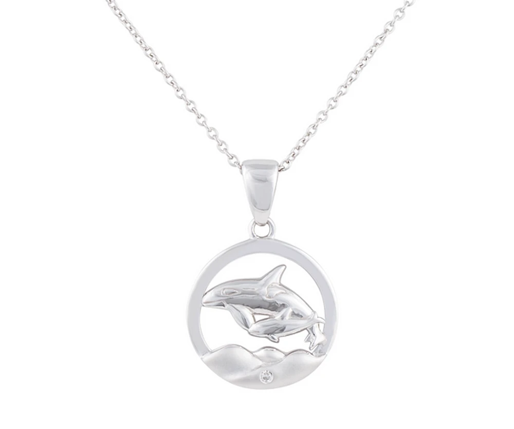 925 Sterling Silver 0.015cttw Canadian Diamond Mother and Baby Orca Whale Pendant