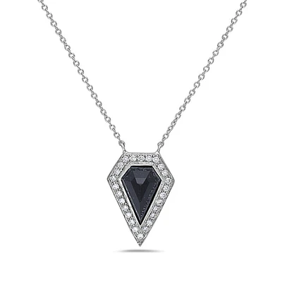 14K White Gold 0.78cttw Onyx and 0.10cttw Diamond Necklace - 18 Inches