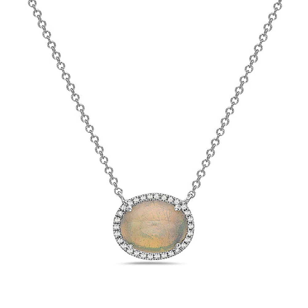 14K White Gold 1.02cttw Opal and 0.07cttw Diamond Halo Necklace, 18 Inches