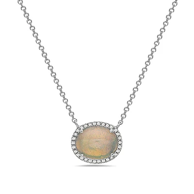 14K White Gold 1.02cttw Opal and 0.07cttw Diamond Halo Necklace, 18 Inches