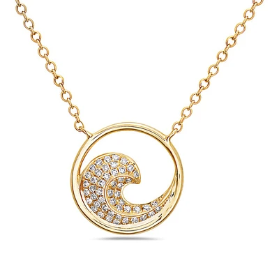 14K Yellow Gold 0.12cttw Diamond WavePendant, 18"