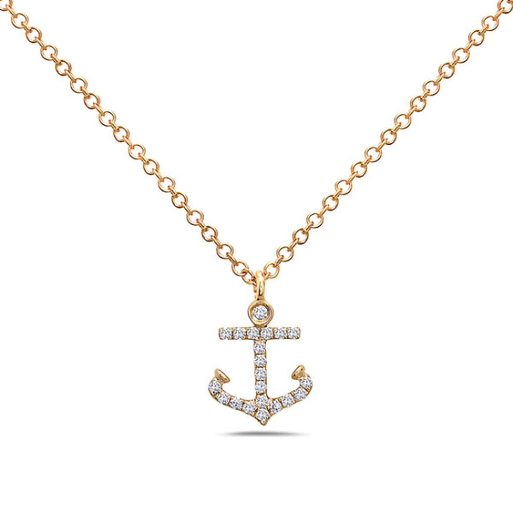14K Yellow Gold 0.07cttw Diamond Anchor Pendant, 18"