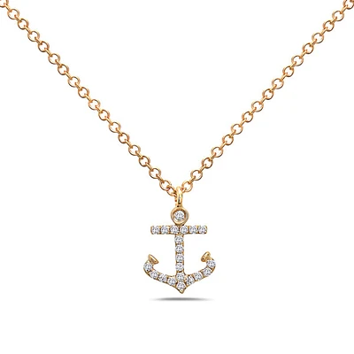 14K Yellow Gold 0.07cttw Diamond Anchor Pendant, 18"