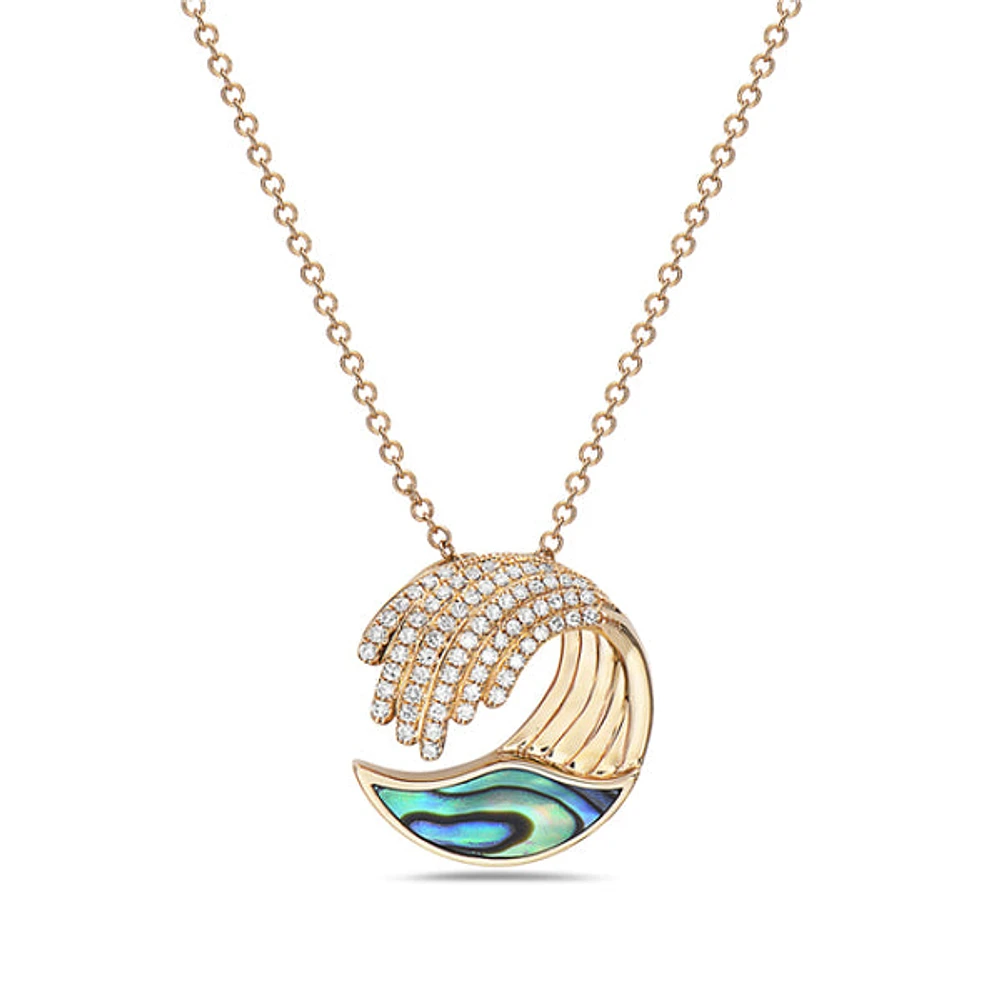 14K Yellow Gold 0.55cttw Abalone Shell and 0.17cttw Diamond Wave Necklace, 18"