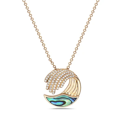 14K Yellow Gold 0.55cttw Abalone Shell and 0.17cttw Diamond Wave Necklace, 18"