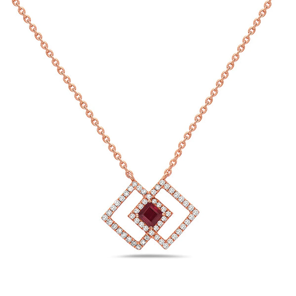 14K Rose Gold Ruby and Diamond Necklace, 18"