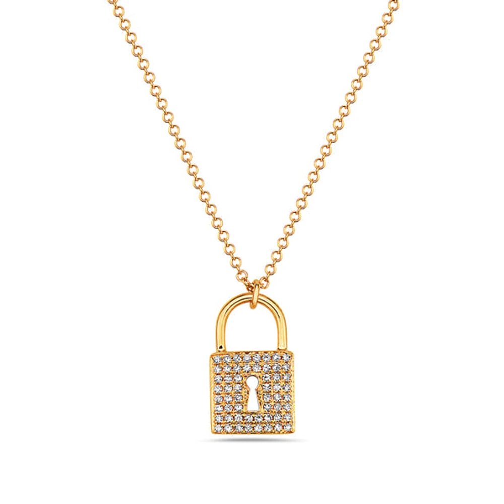 14K Yellow Gold 0.12cttw Diamond Lock Pendant, 18"