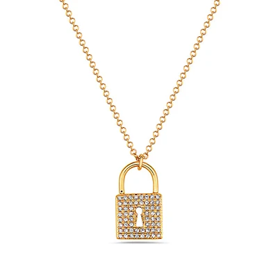 14K Yellow Gold 0.12cttw Diamond Lock Pendant, 18"