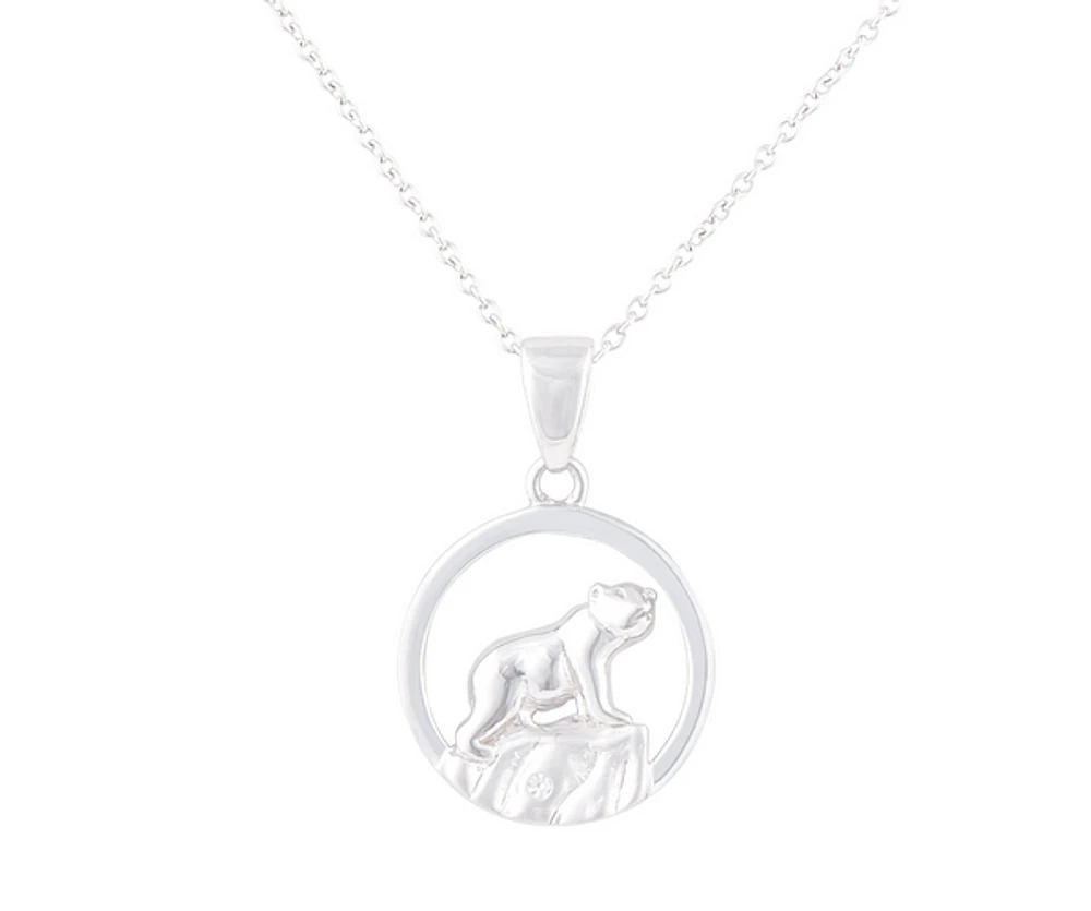 925 Sterling Silver 0.015cttw Canadian Diamond Nakoda Bear Pendant