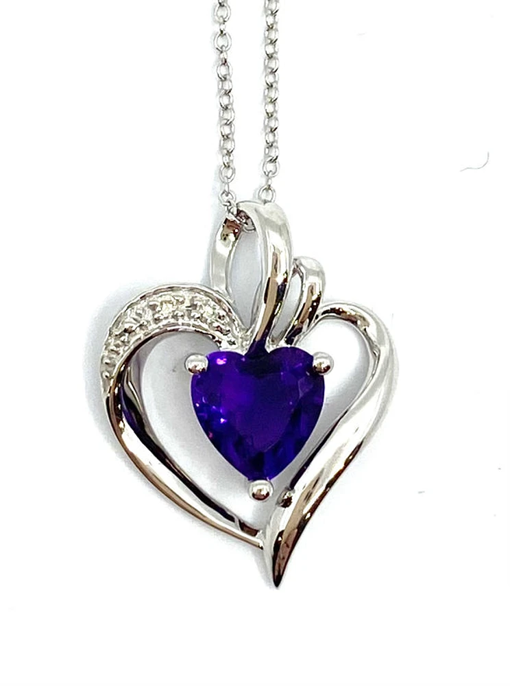 10K White Gold Genuine Amethyst and Diamond Pendant, 18"