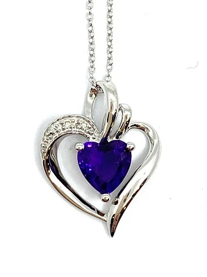 10K White Gold Genuine Amethyst and Diamond Pendant, 18"