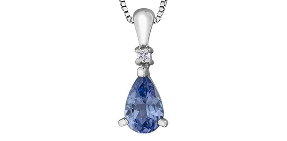 10K White Gold Genuine Tanzanite & Diamond Pendant - 18"