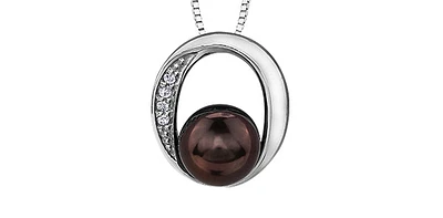 10K White Gold Cultured Color Enhanced Black Pearl and 0.01cttw Diamond Pendant, 18"