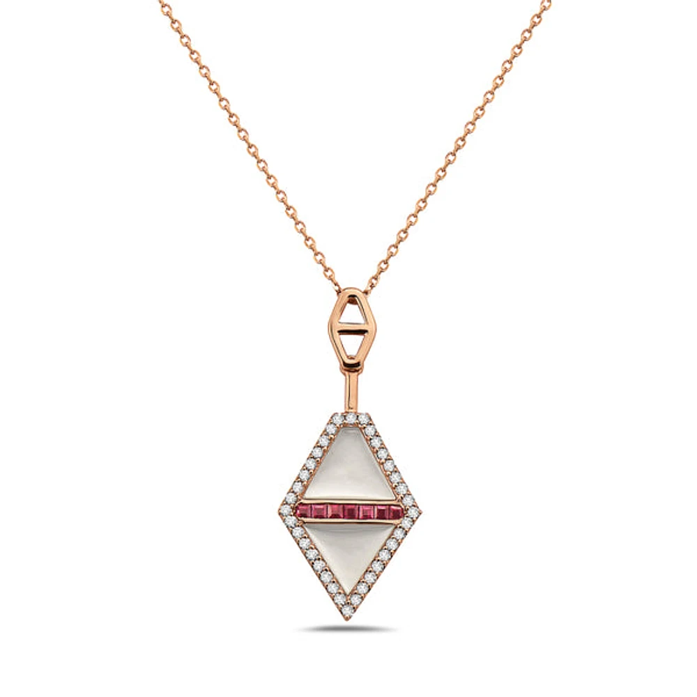 14K Rose Gold Ruby, Mother of Pearl and Diamond Necklace, 18"