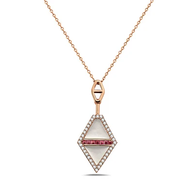 14K Rose Gold Ruby, Mother of Pearl and Diamond Necklace, 18"