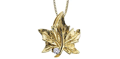 10K Yellow Gold 0.043cttw Canadian Diamond Maple Leaf Pendant, 18"