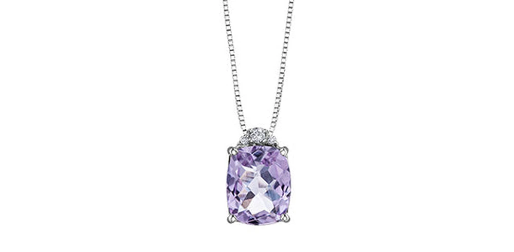 10K White Gold Pink Amethyst and Diamond Pendant, 18"