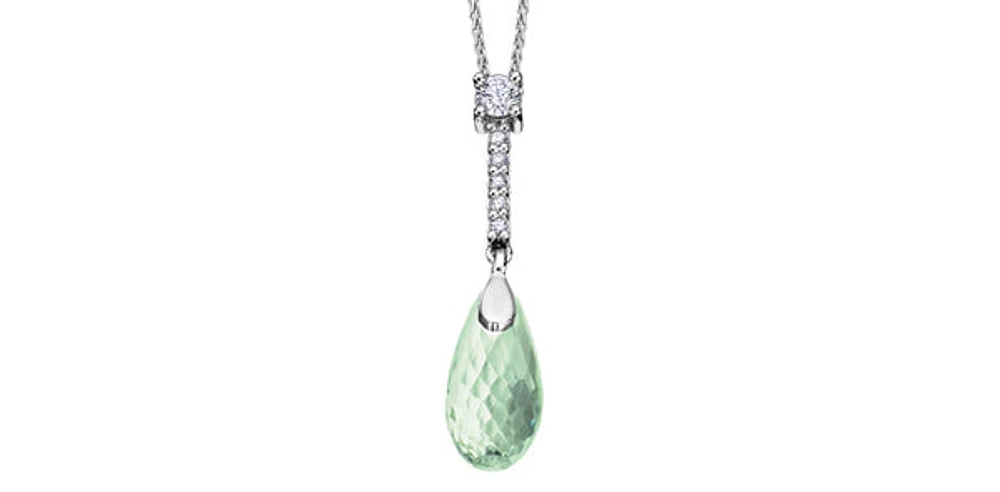 10K White Gold Green Amethyst (Prasiolite) and Canadian Diamond Pendant, 18"