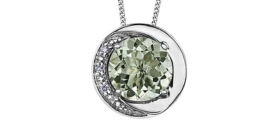10K White Gold Green Amethyst (Prasiolite) and Diamond Pendant, 18"