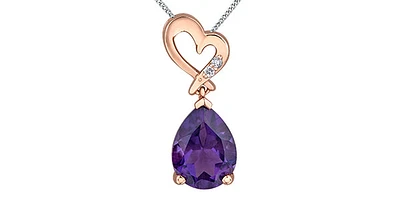 10K Rose and White Gold Amethyst and Diamond Heart Pendant - 18"