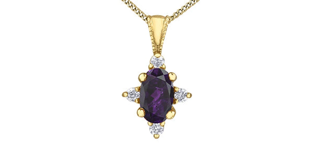 10K Yellow Gold Amethyst and Diamond Pendant - 18"