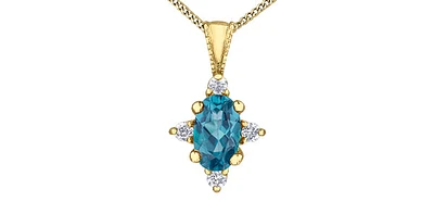 10K Yellow Gold Blue Topaz and Diamond Pendant, 18"