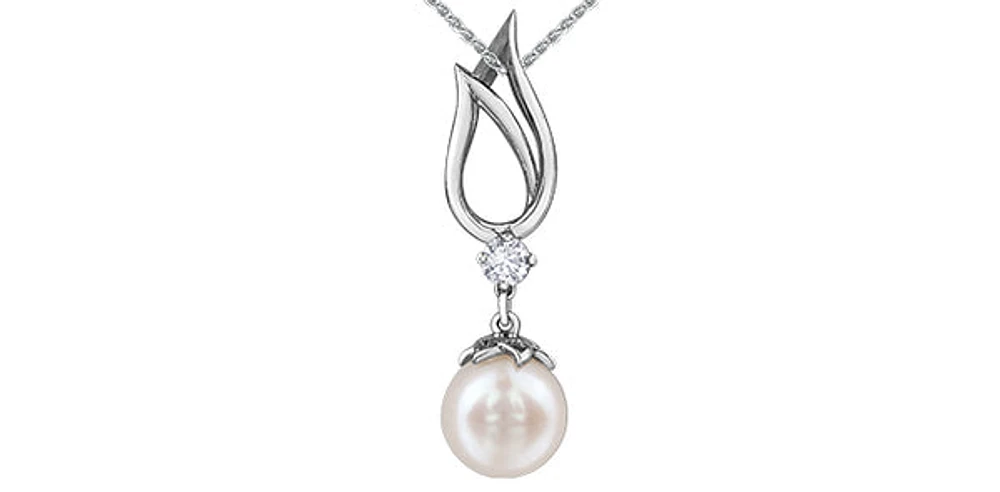 10K White Gold 7mm Cultured Pearl and 0.085cttw Canadian Diamond Dangle Pendant