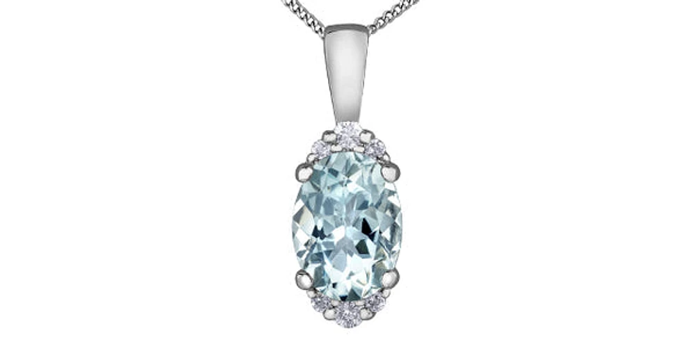 10K White Gold Oval Shape Aquamarine & 0.05cttw Diamond Pendant - 18"