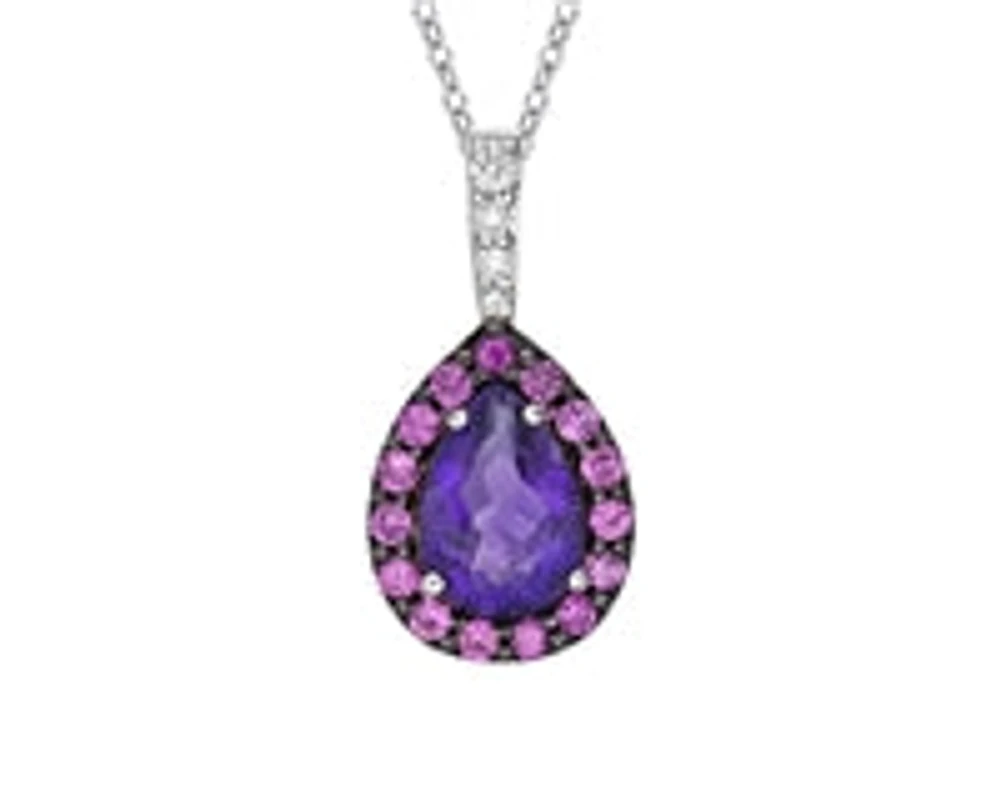 10K White Gold Amethyst, Pink Sapphire & Diamond Pendant, 18"