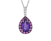 10K White Gold Amethyst, Pink Sapphire & Diamond Pendant, 18"
