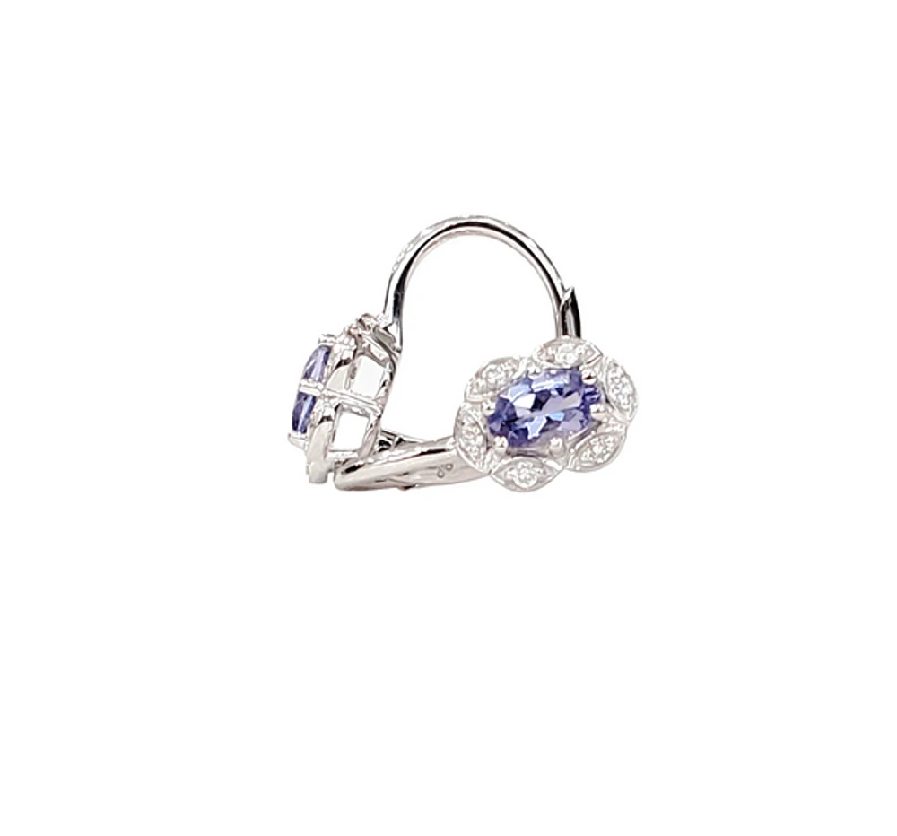 10K White Gold Tanzanite and Diamond Earrings with Lever Backs