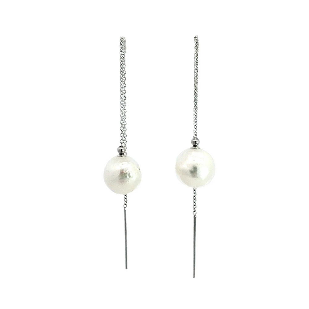 14K White Gold 9mm Cultured Pearl "Threader" Earring