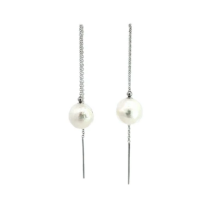 14K White Gold 9mm Cultured Pearl "Threader" Earring