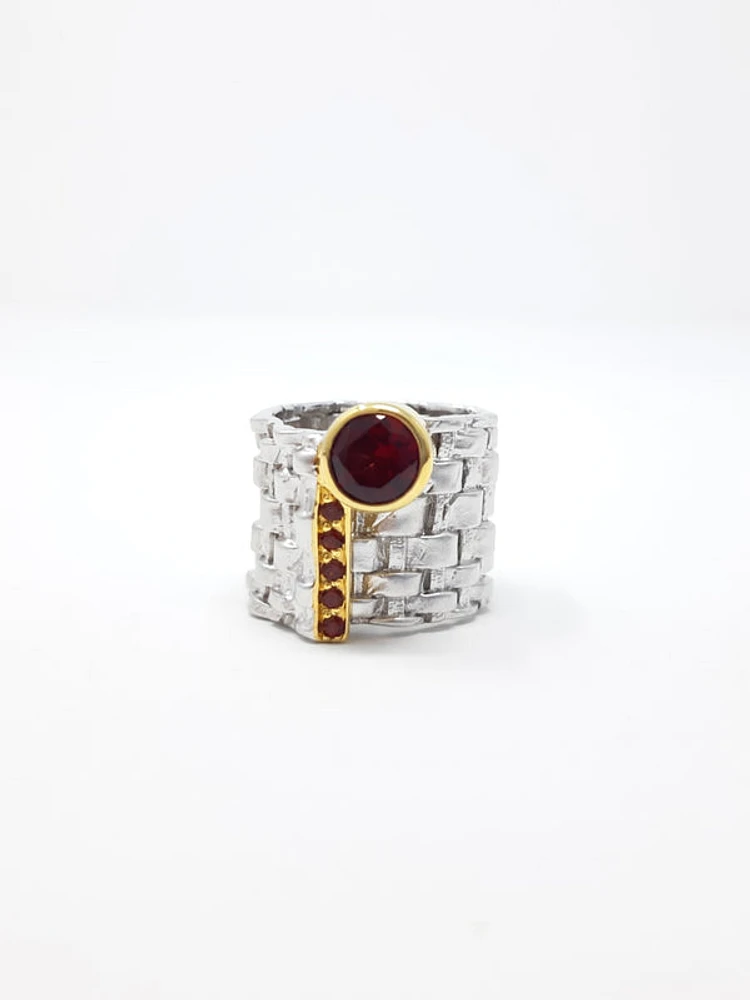 2 Tone Silver & Gold Plated Garnet Ring, size 8