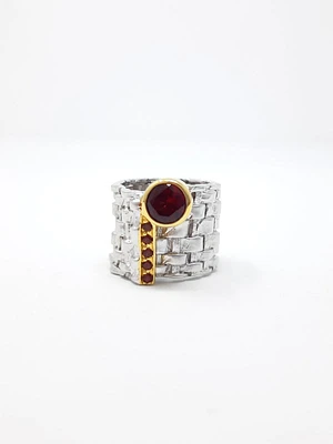 2 Tone Silver & Gold Plated Garnet Ring, size 8