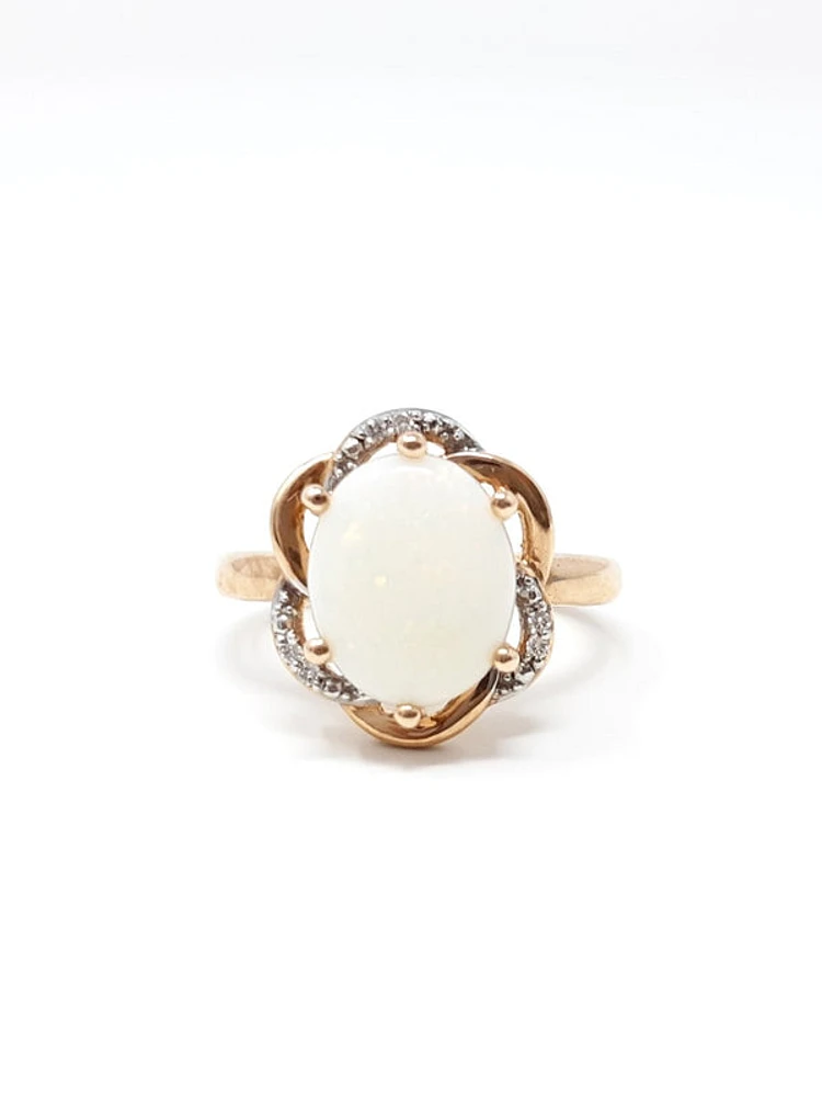 10K Rose Gold 2.0cttw Genuine White Opal and 0.03cttw Diamond Halo Ring, size 6.5