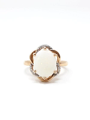 10K Rose Gold 2.0cttw Genuine White Opal and 0.03cttw Diamond Halo Ring, size 6.5