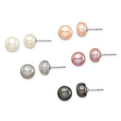 Sterling Silver Rhodium Plated 8-9mm Fresh Water Cultured Pearl Button Stud Earring Set
