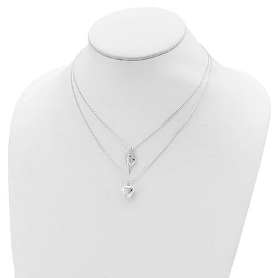 Sterling Silver 2-Strand Heart and Key Necklace - 18"