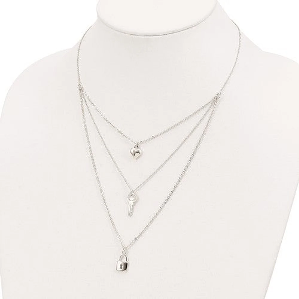 Sterling Silver Lock, Heart and Key Multi-Strand 16in Necklace - 16"