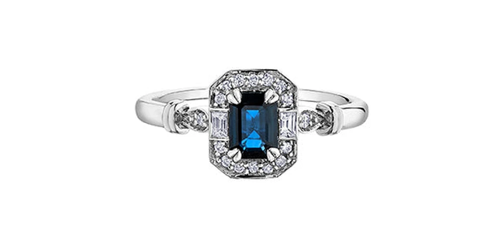 10K White Gold 0.75cttw Genuine Blue Sapphire and 0.08cttw Diamond Ring, size 6.5