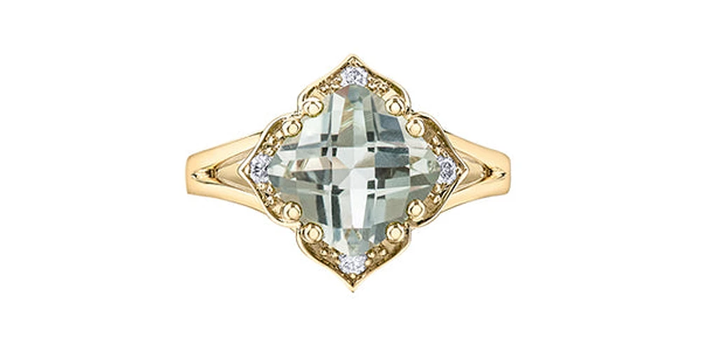 10K Yellow Gold Prasiolite (Green Amethyst) and Canadian Diamond Ring
