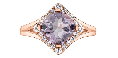 10K Rose Gold Pink Amethyst and Canadian Diamond Ring, size 6