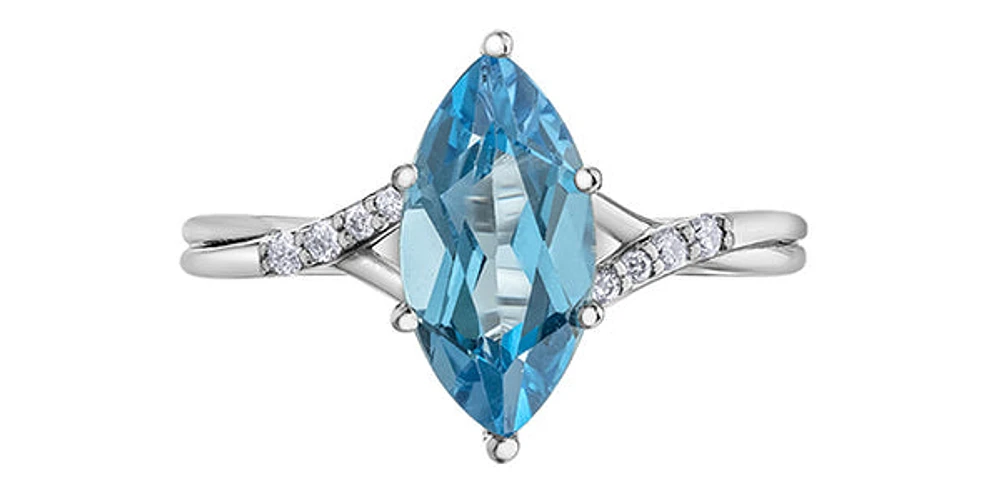 10K White Gold Blue Topaz and Diamond Ring - Size 6