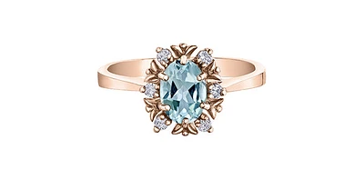 10K Rose Gold 1.20cttw Genuine Oval Cut Blue Zircon and 0.09cttw Diamond Halo Ring, size 7