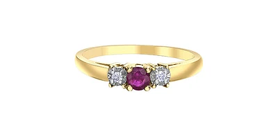 10K Yellow Gold Ruby and Diamond 3 Stone Ring - Size 6