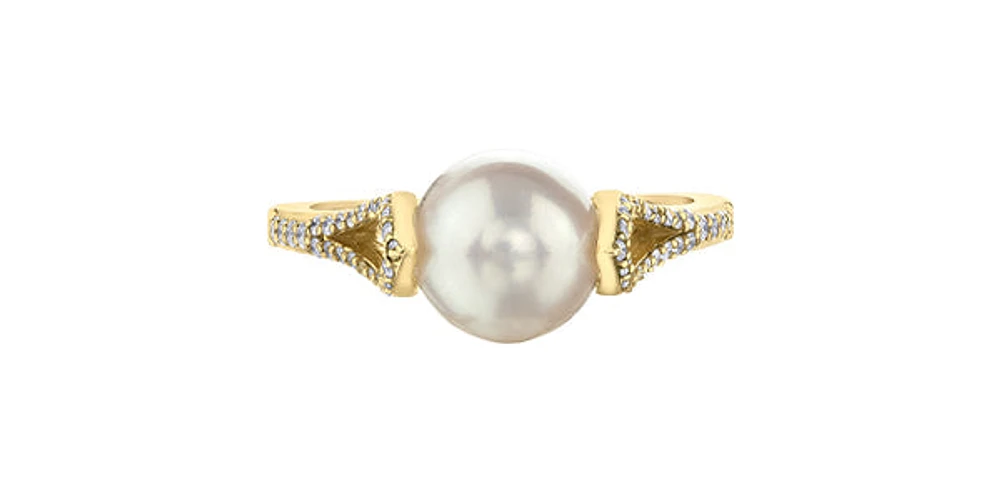 10K Yellow Gold Cultured Pearl and Diamond Ring, Size 6