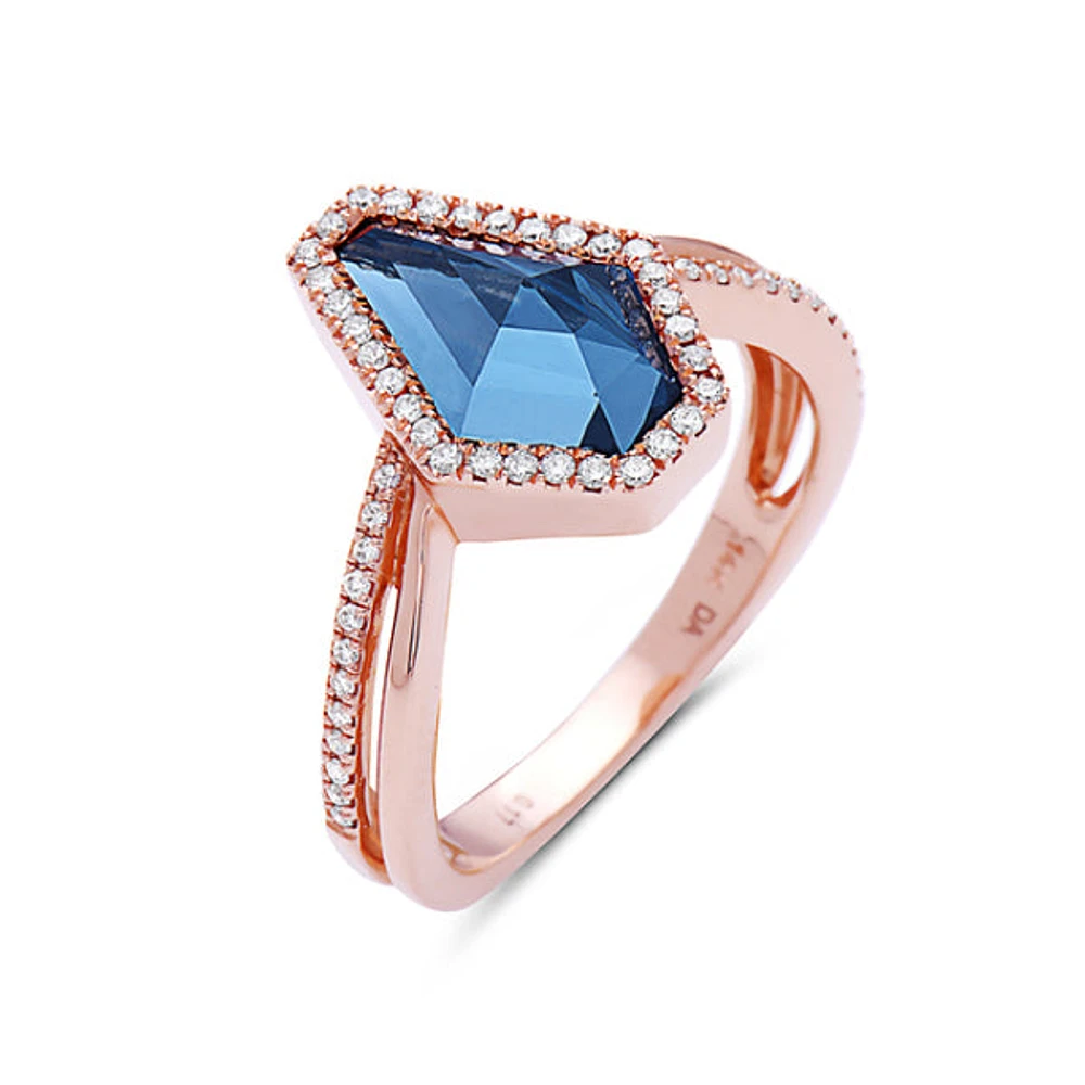 14K Rose Gold 2.06cttw Blue Topaz and 0.17cttw Diamond Halo Ring - Size 6.5